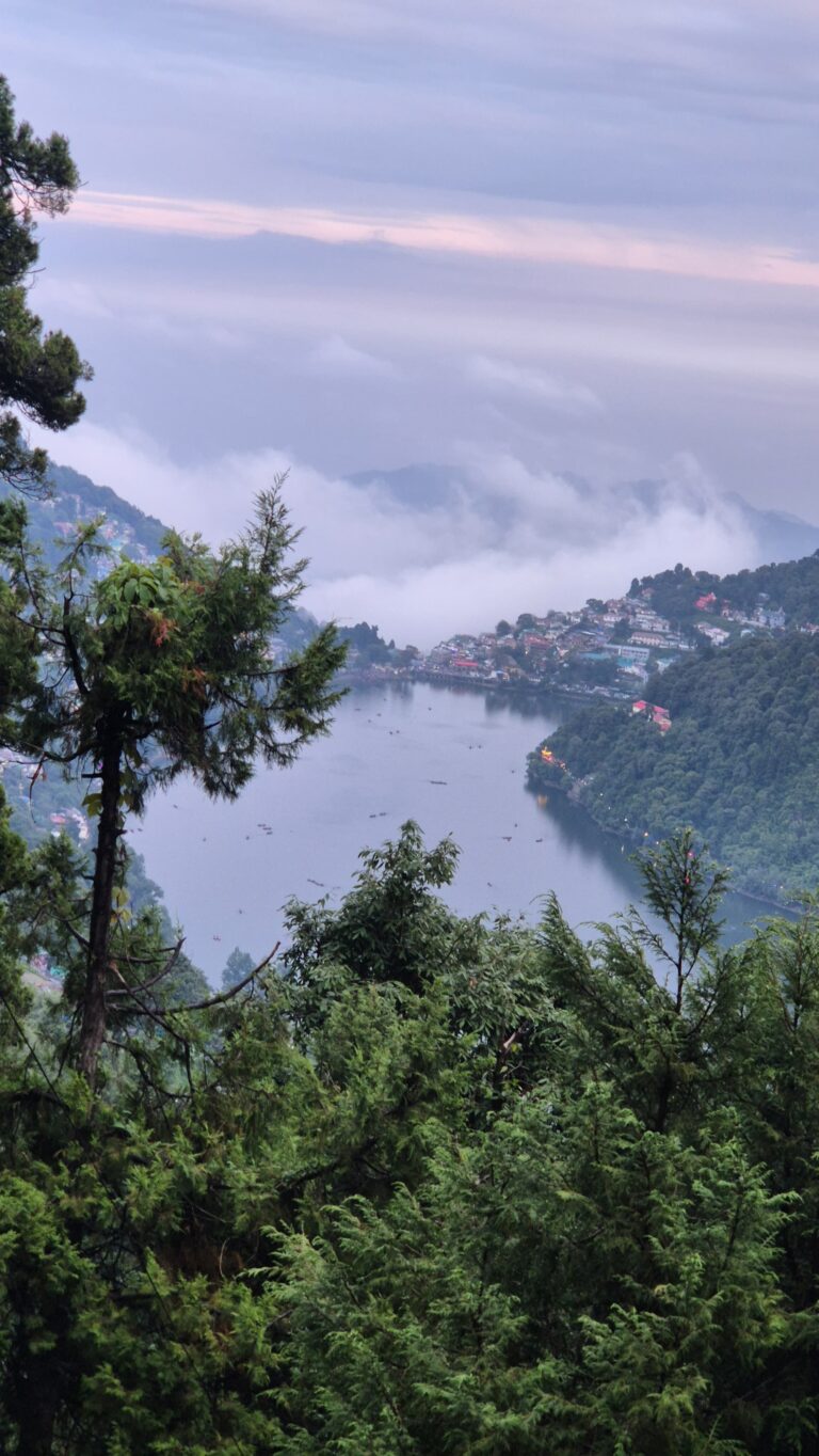 Naini Lake surrounded by green hills and colorful boats in Nainital