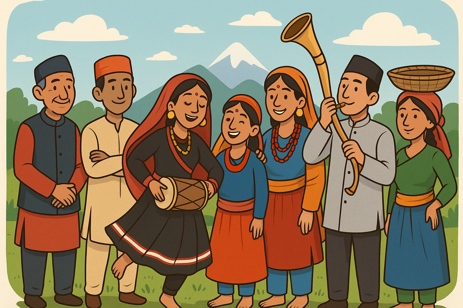 People dressed in traditional Uttarakhandi attire singing and playing folk instruments, celebrating the region’s cultural roots.