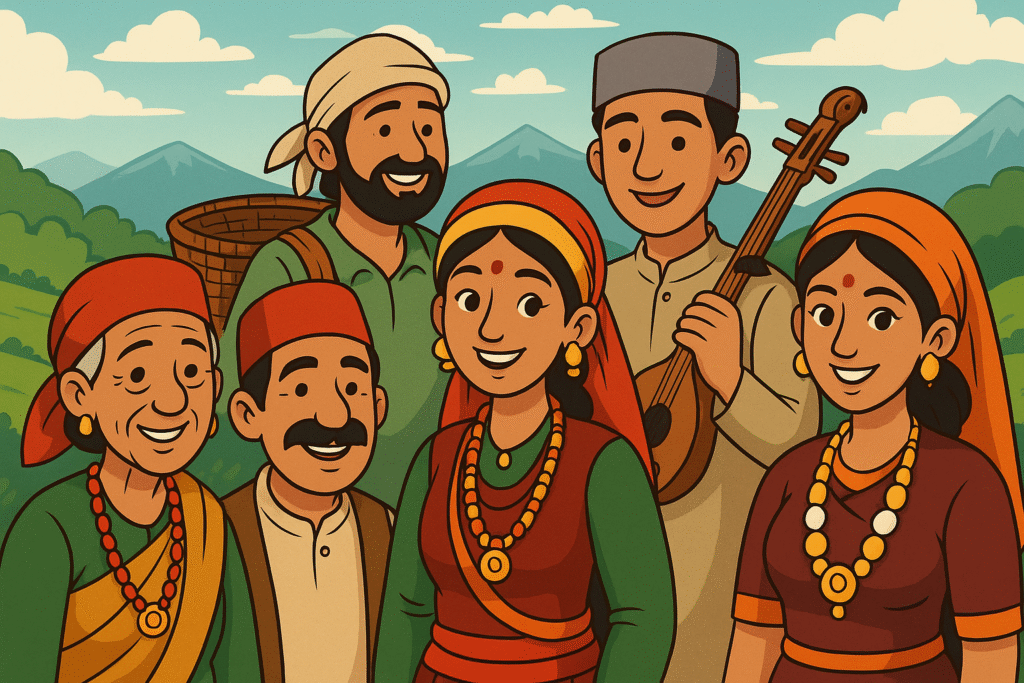 Smiling men and women wearing colorful traditional Uttarakhandi dresses, reflecting the warmth and culture of the hills.