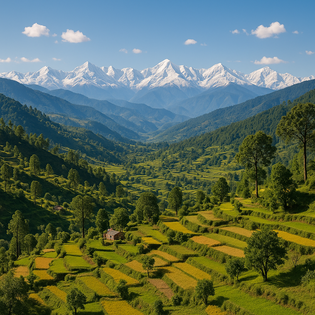 A scenic view of Uttarakhand's lush terraced fields, green hills, and snow-capped Himalayan mountains under a clear blue sky during spring-summer.