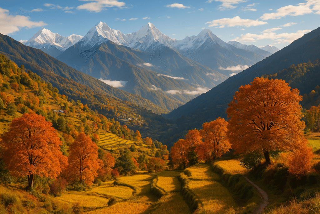 Golden autumn trees in a Himalayan valley of Uttarakhand with snow-capped peaks in the background