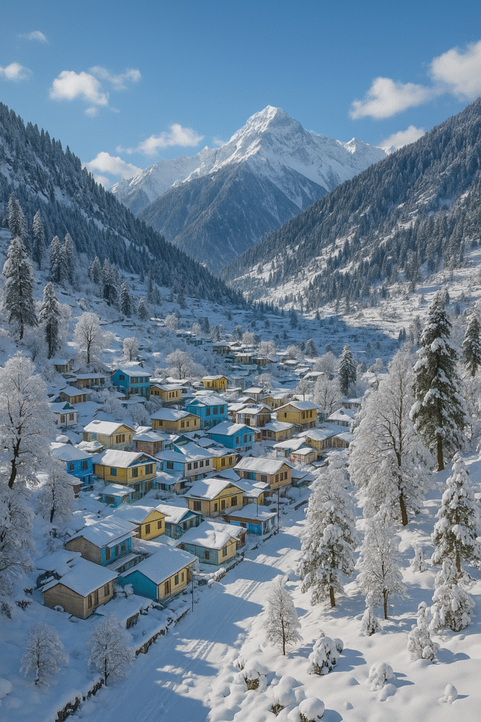 Colorful village in Uttarakhand surrounded by snow-covered pine forests and majestic Himalayan mountains during winter.
