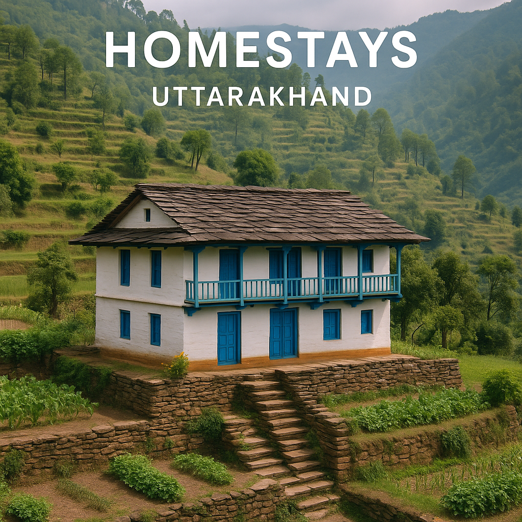 A charming white and blue traditional homestay in Uttarakhand, surrounded by green terraced hills and stone steps.