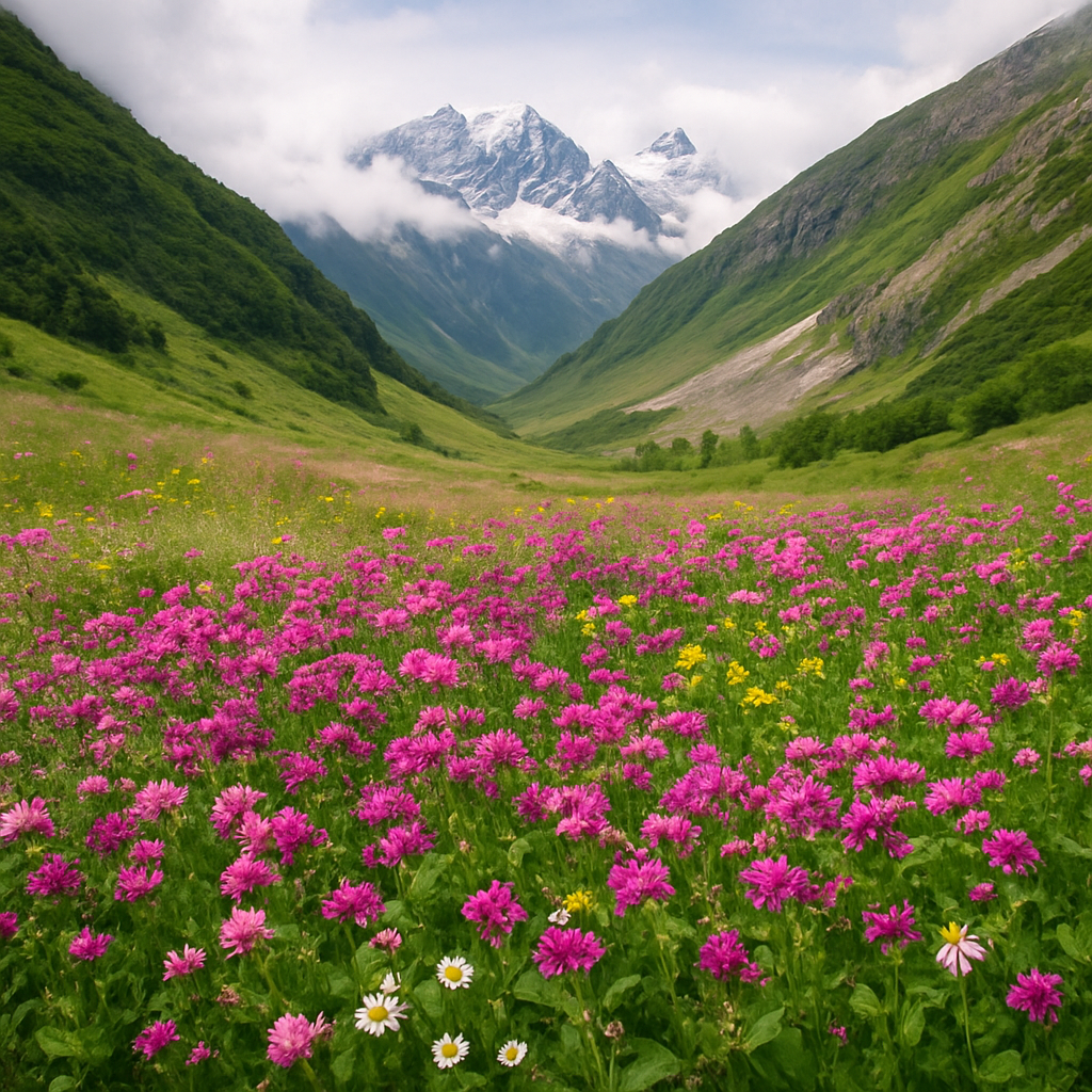 Blooming Valley of Flowers with colorful wildflowers in Uttarakhand Himalayas