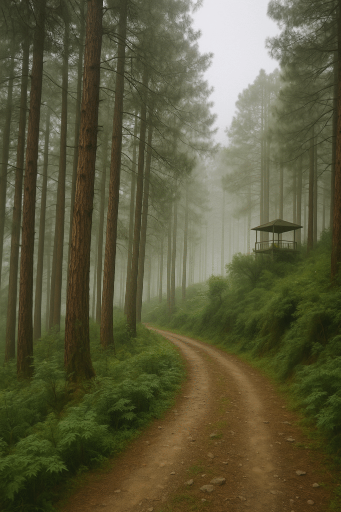Misty forest view in Binsar Wildlife Sanctuary, Uttarakhand