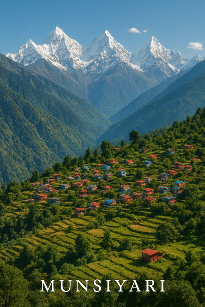 Munsiyari village with colorful houses on green terraced slopes, set against the snow-covered Panchachuli mountain range.