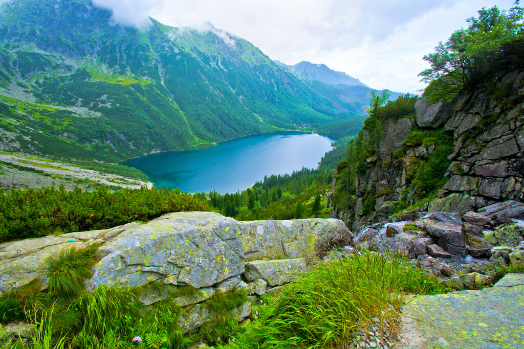 Scenic view of Morskie Oko lake surrounded by Tatra Mountains and forests.